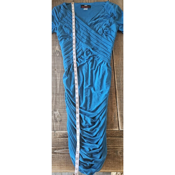 Miss Sixty M60 Dress Medium Blue Ruched Pleated V Neck Bodycon Short Sleeve Mini - Picture 9 of 11